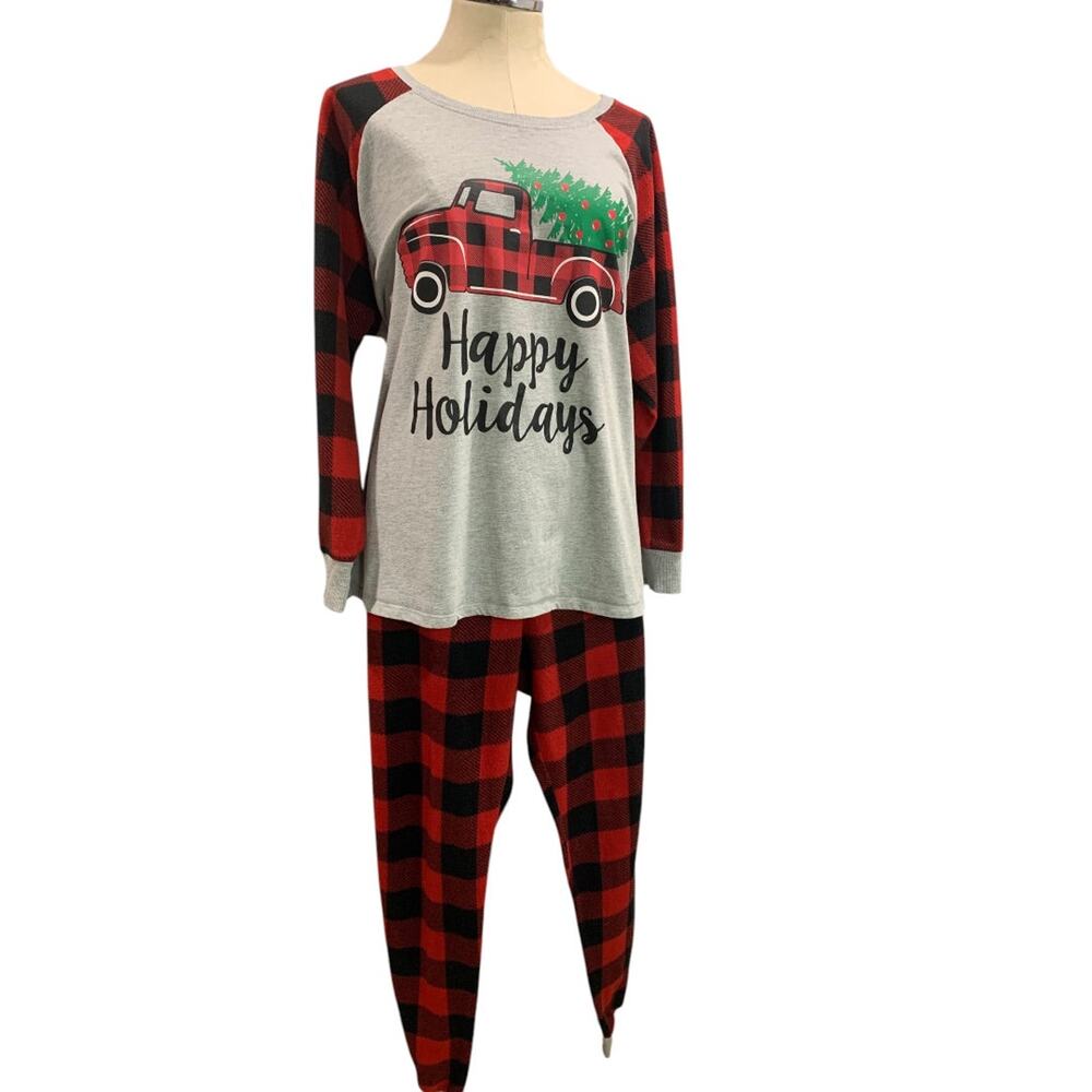 3X Happy Holidays Womens Pajama Set Shirt Fleece Pants